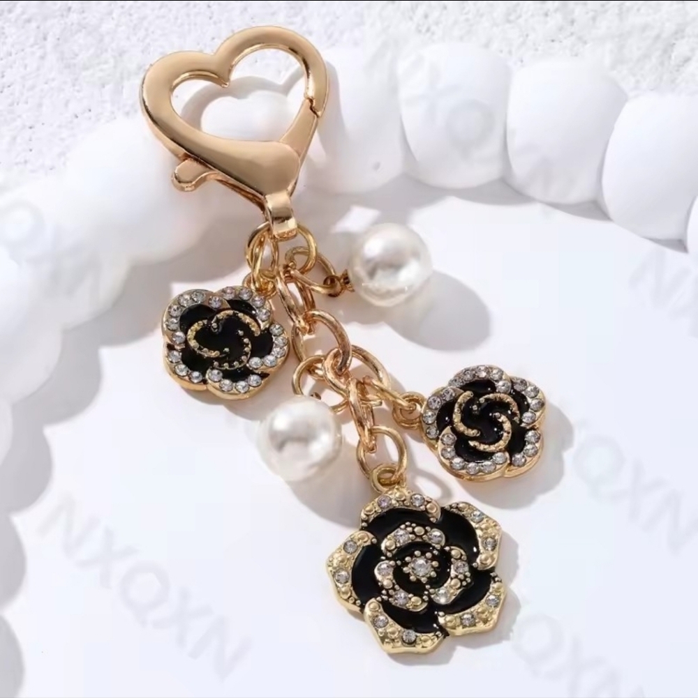 Pretty Camellia  Flower Pearl Enamel Keychain Bag Charm Jewelry
